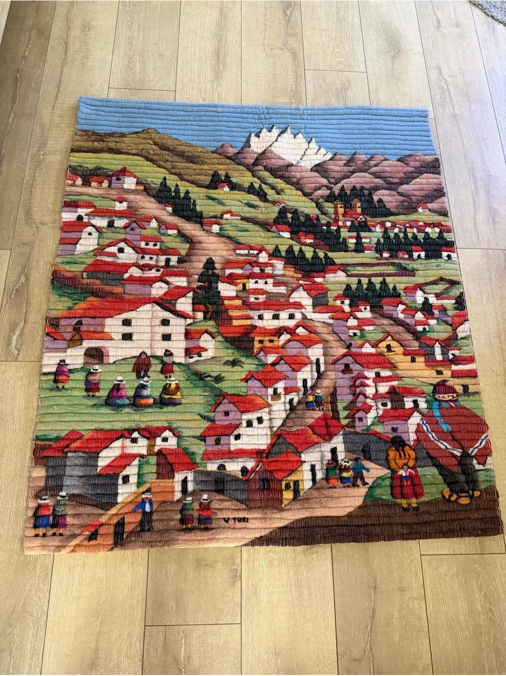VTG V Yuri Handwoven Wool Tapestry Peruvian Village Mountain Wall Hanging
